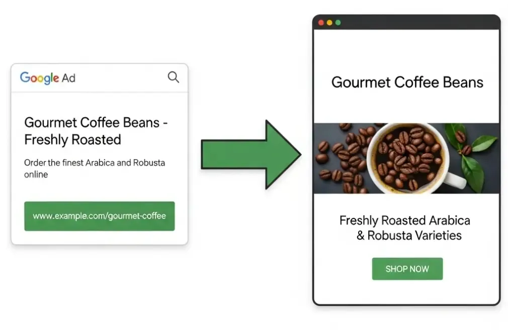 A Google ad for "Gourmet Coffee Beans" pointing to a perfectly matched landing page that also features gourmet coffee beans, illustrating strong message match for improved user experience.