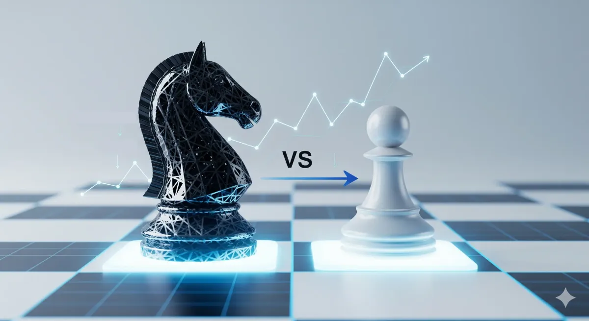 Digital black chess knight vs. white pawn on a glowing chessboard. An upward trend line and 'VS' text connect them, symbolizing human strategy outmaneuvering AI in marketing.