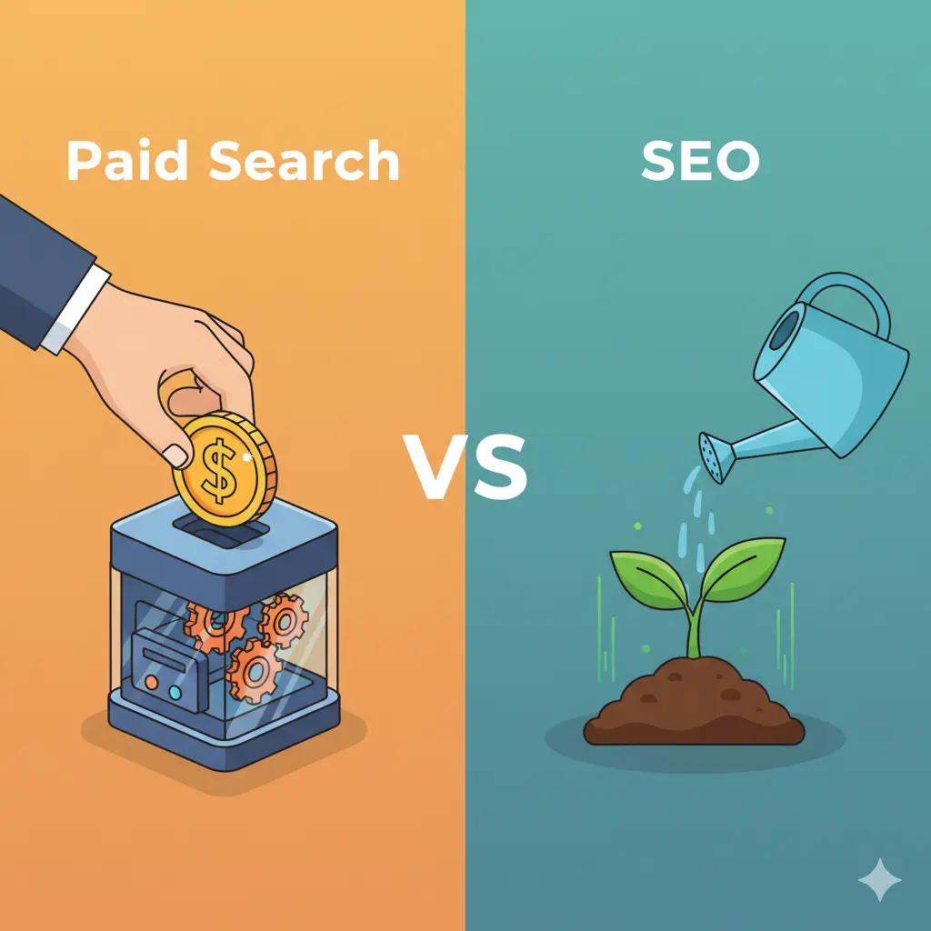 A visual metaphor showing paid search as a controlled investment (coin in a machine) and SEO as organic growth (sprouting plant) for online marketing.