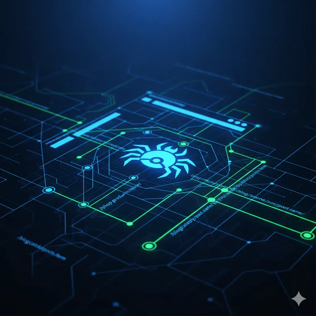 Digital map showing a web crawler on a stylized web, illustrating search engine optimization and website navigation.