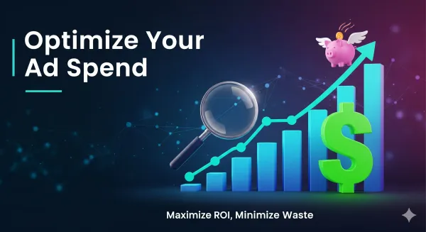  Chart showing ad spend optimization with magnifying glass, dollar sign, and flying piggy bank.