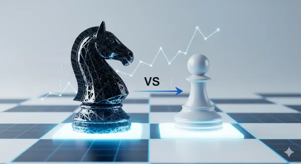 Digital black chess knight vs. white pawn on a glowing chessboard. An upward trend line and 'VS' text connect them, symbolizing human strategy outmaneuvering AI in marketing.