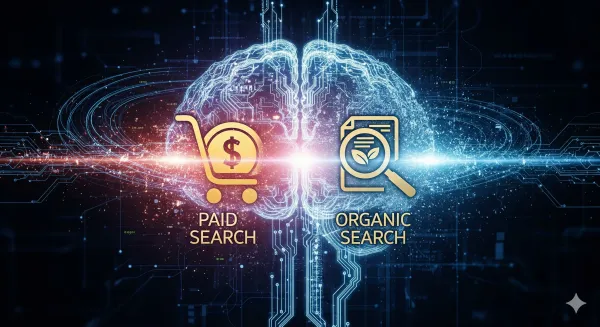 brain showing paid and organic search icons