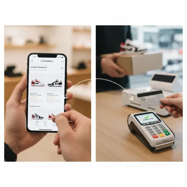 Split image showing a consumer researching sneakers online (phone) and then purchasing them in-store (POS terminal), illustrating the multichannel shopping process.
