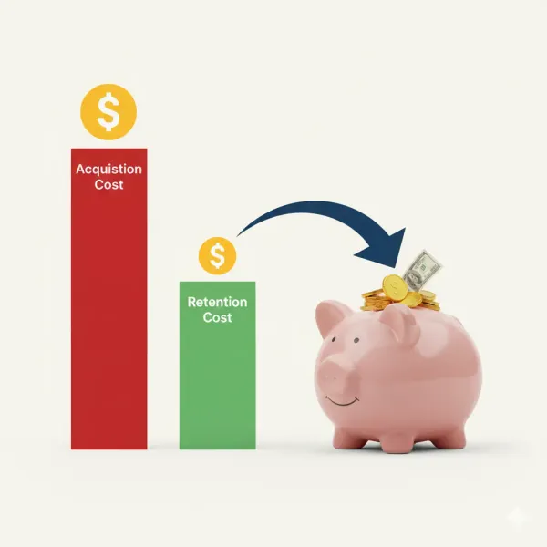 Bar graph comparing a tall, expensive 'Acquisition Cost' bar to a short, efficient 'Retention Cost' bar leading to a full piggy bank for profit.